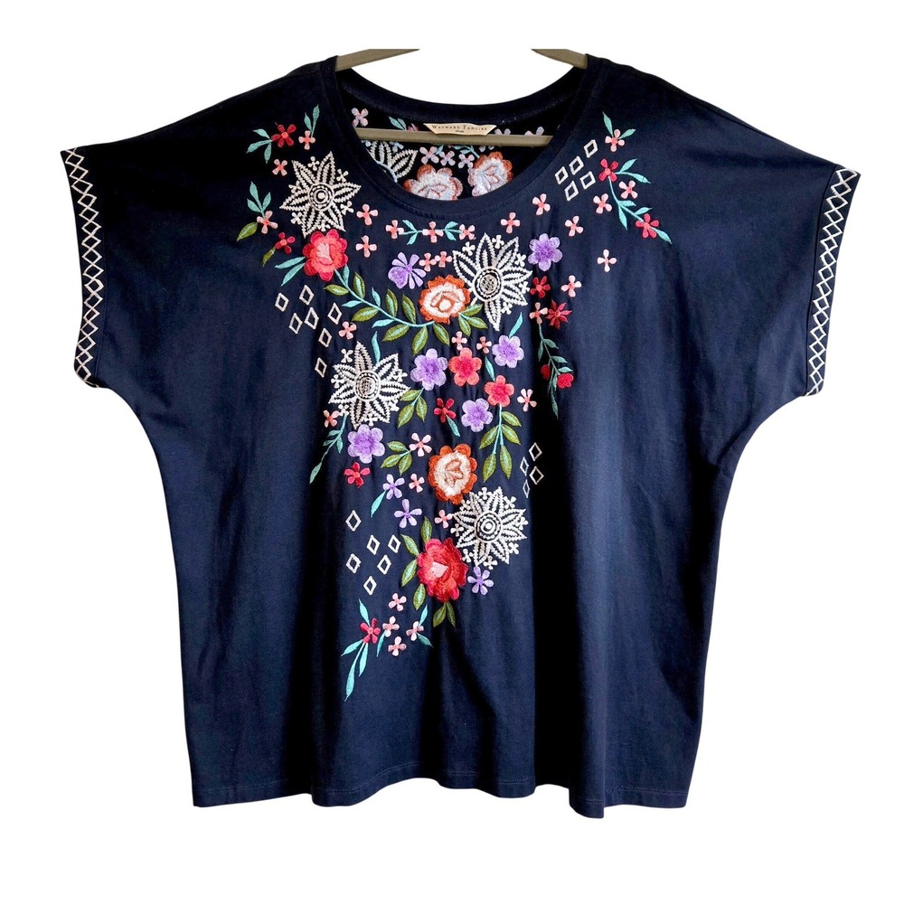 Wayward Fancies eShakti Navy Blue Floral Embroidered Short Sleeve Top Women's 3X